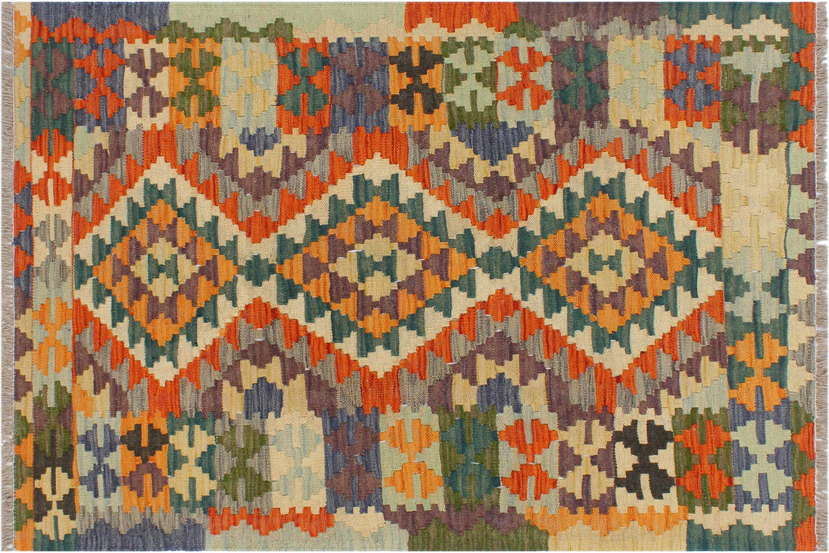 3x4 hand woven Turkish Kilim wool rug in rust and blue - Tribal Turkish Leo (2'10'' x 4'0'')
