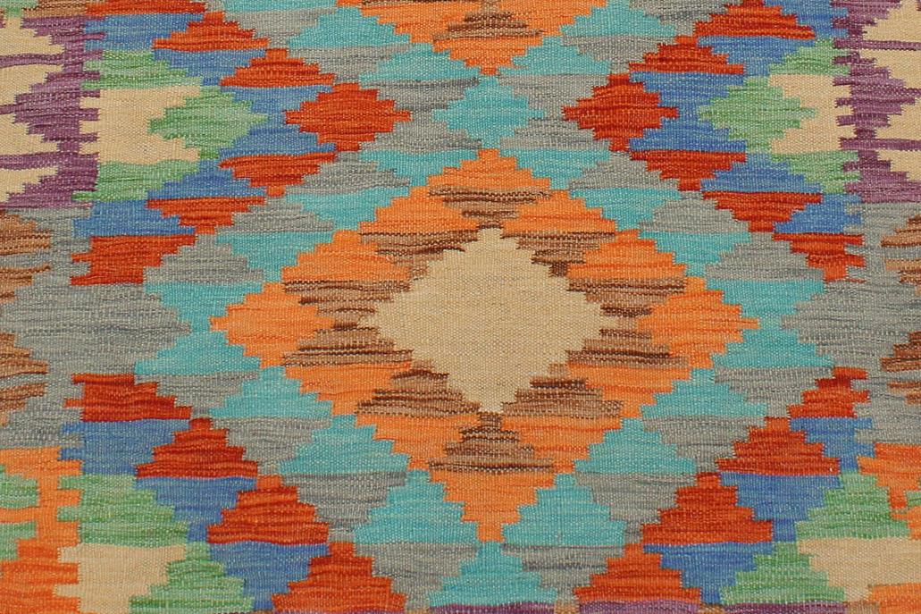 Flat Weave Kilim Antique Navaho Vintage handmade Geometric Kilim Blue Rust Hand-Woven Rectangle 100% Wool Area Rug 3x5 
