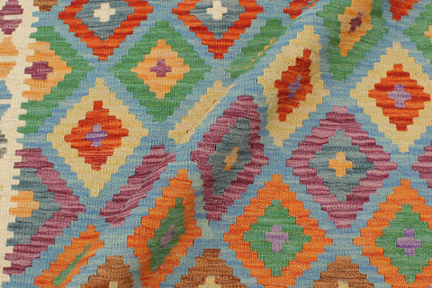 handmade Geometric Kilim Blue Beige Hand-Woven RECTANGLE 100% WOOL area rug 3 x 5