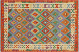 3x5 hand woven Turkish Kilim wool rug in blue and beige - Chic Jammie Turkish