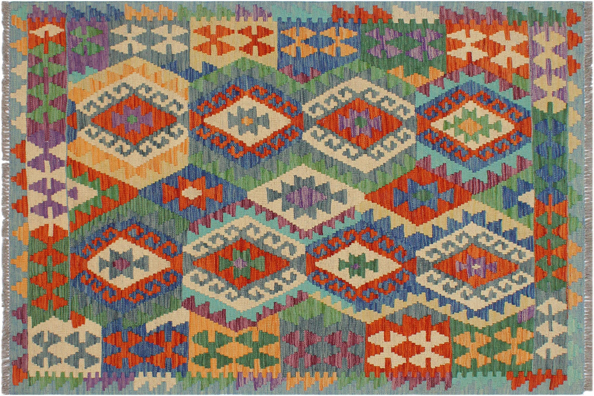 3x5 hand woven Turkish Kilim wool rug in rust and blue - Ethnic Remedios Turkish