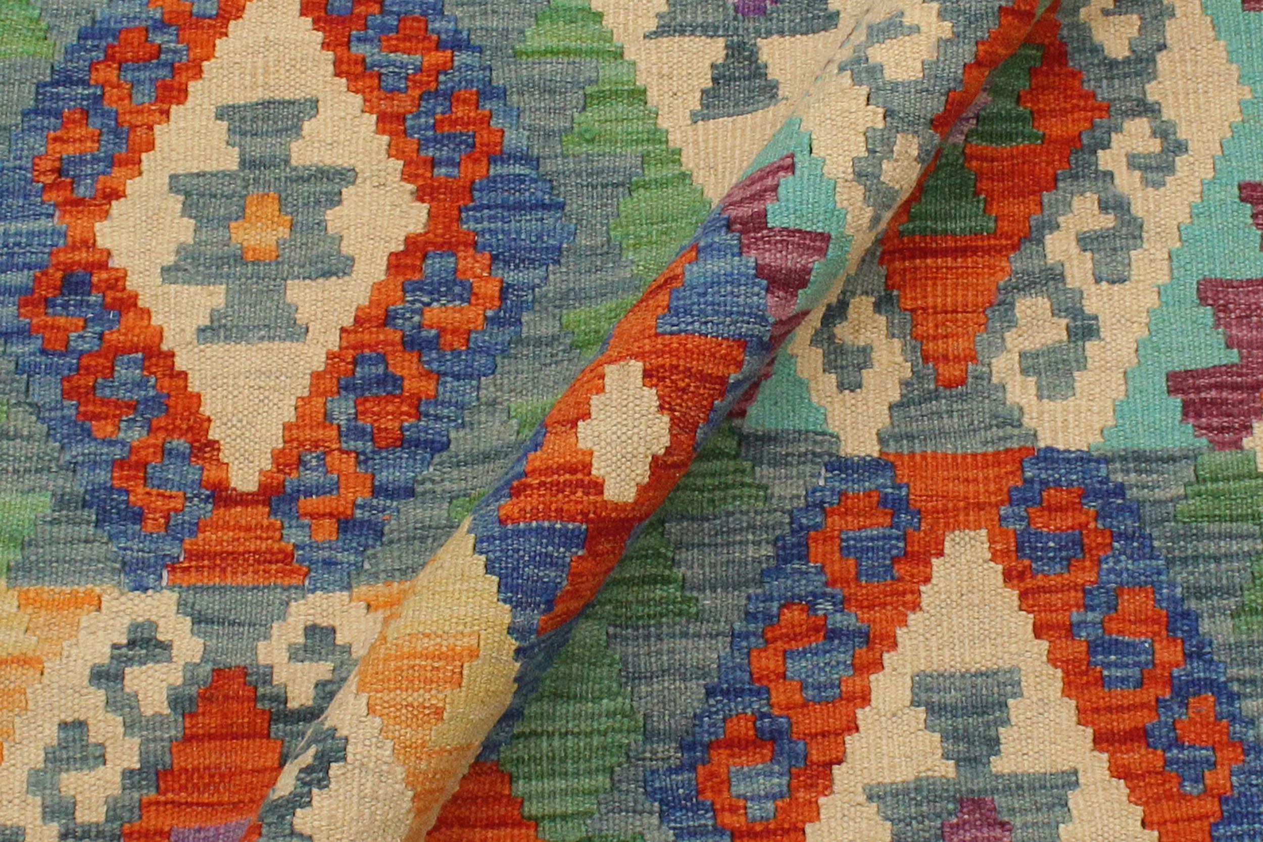handmade Geometric Kilim Rust Blue Hand-Woven RECTANGLE 100% WOOL area rug 3 x 5