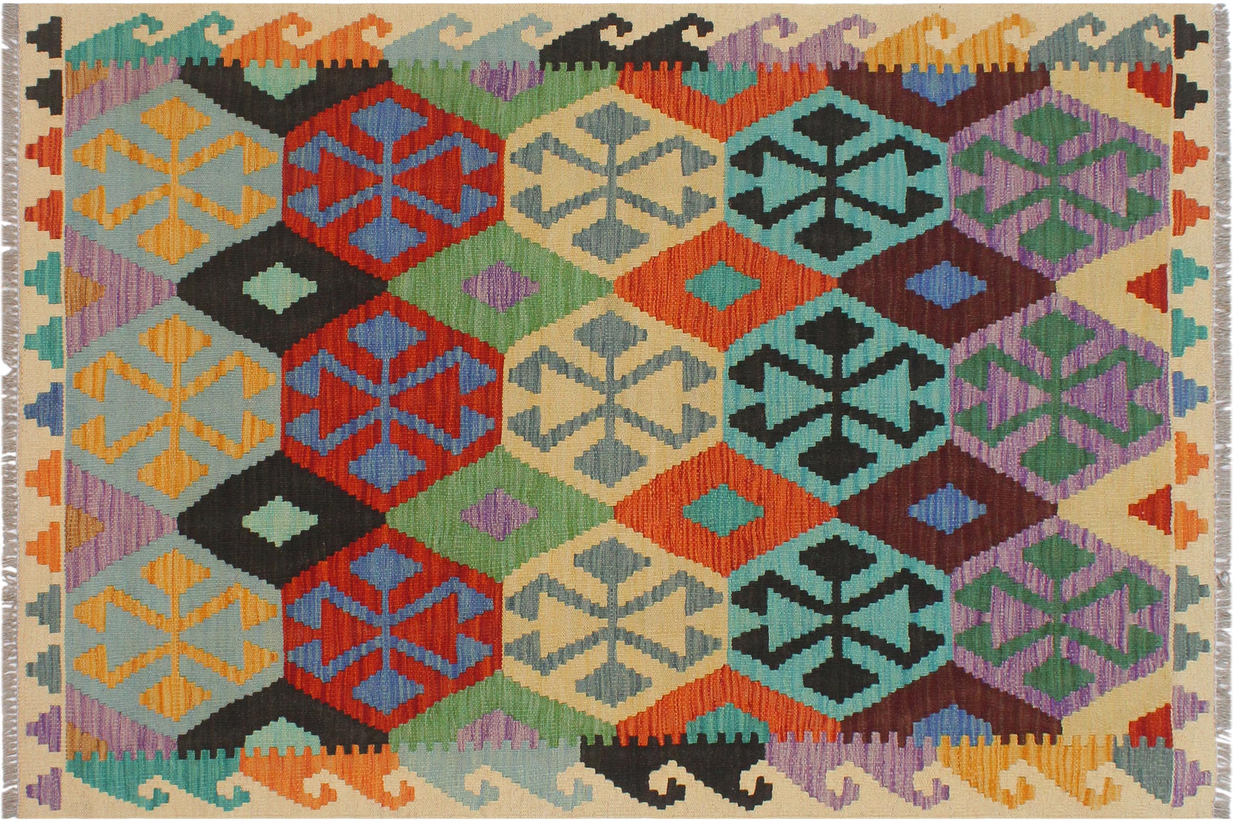 handmade Geometric Kilim Blue Beige Hand-Woven RECTANGLE 100% WOOL area rug 3 x 5