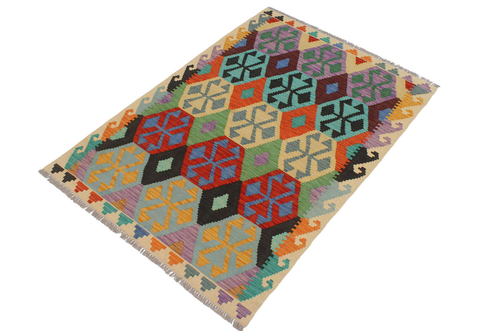 handmade Geometric Kilim Blue Beige Hand-Woven RECTANGLE 100% WOOL area rug 3 x 5