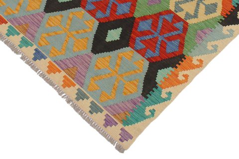 handmade Geometric Kilim Blue Beige Hand-Woven RECTANGLE 100% WOOL area rug 3 x 5