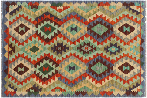 handmade Geometric Kilim Rust Blue Hand-Woven RECTANGLE 100% WOOL area rug 3 x 5
