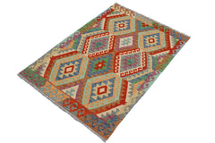 Flat Weave Kilim Antique Navaho Vintage handmade Geometric Kilim Blue Rust Hand-Woven Rectangle 100% Wool Area Rug 3x5 