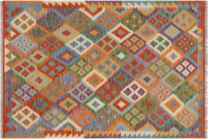 handmade Geometric Kilim Rust Blue Hand-Woven RECTANGLE 100% WOOL area rug 4 x 5