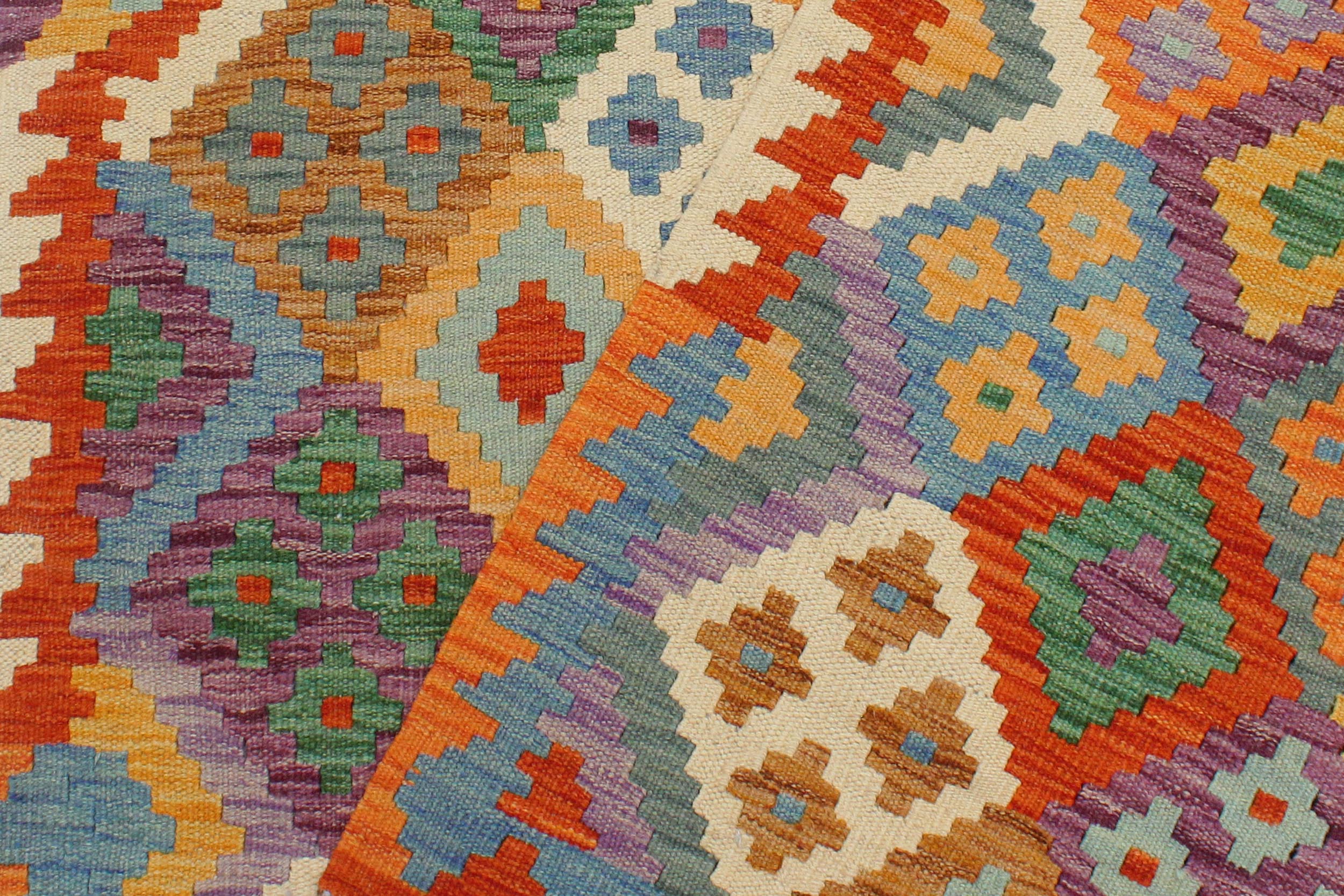 handmade Geometric Kilim Rust Blue Hand-Woven RECTANGLE 100% WOOL area rug 4 x 5