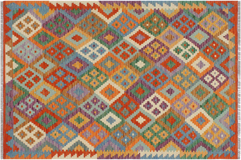 handmade Geometric Kilim Rust Blue Hand-Woven RECTANGLE 100% WOOL area rug 4 x 5