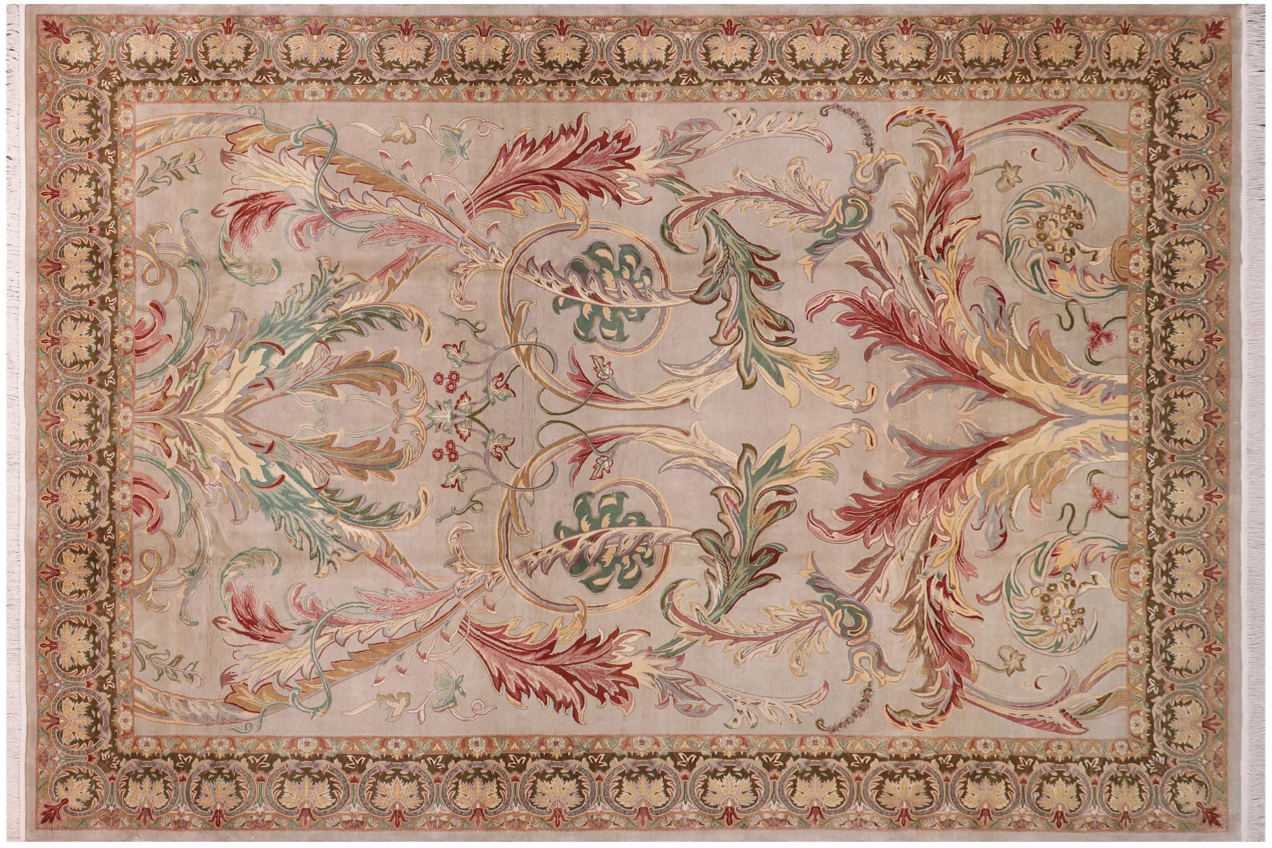 handmade Traditional Bhati Taupe Green Hand Knotted RECTANGLE 100% WOOL area rug 10x14