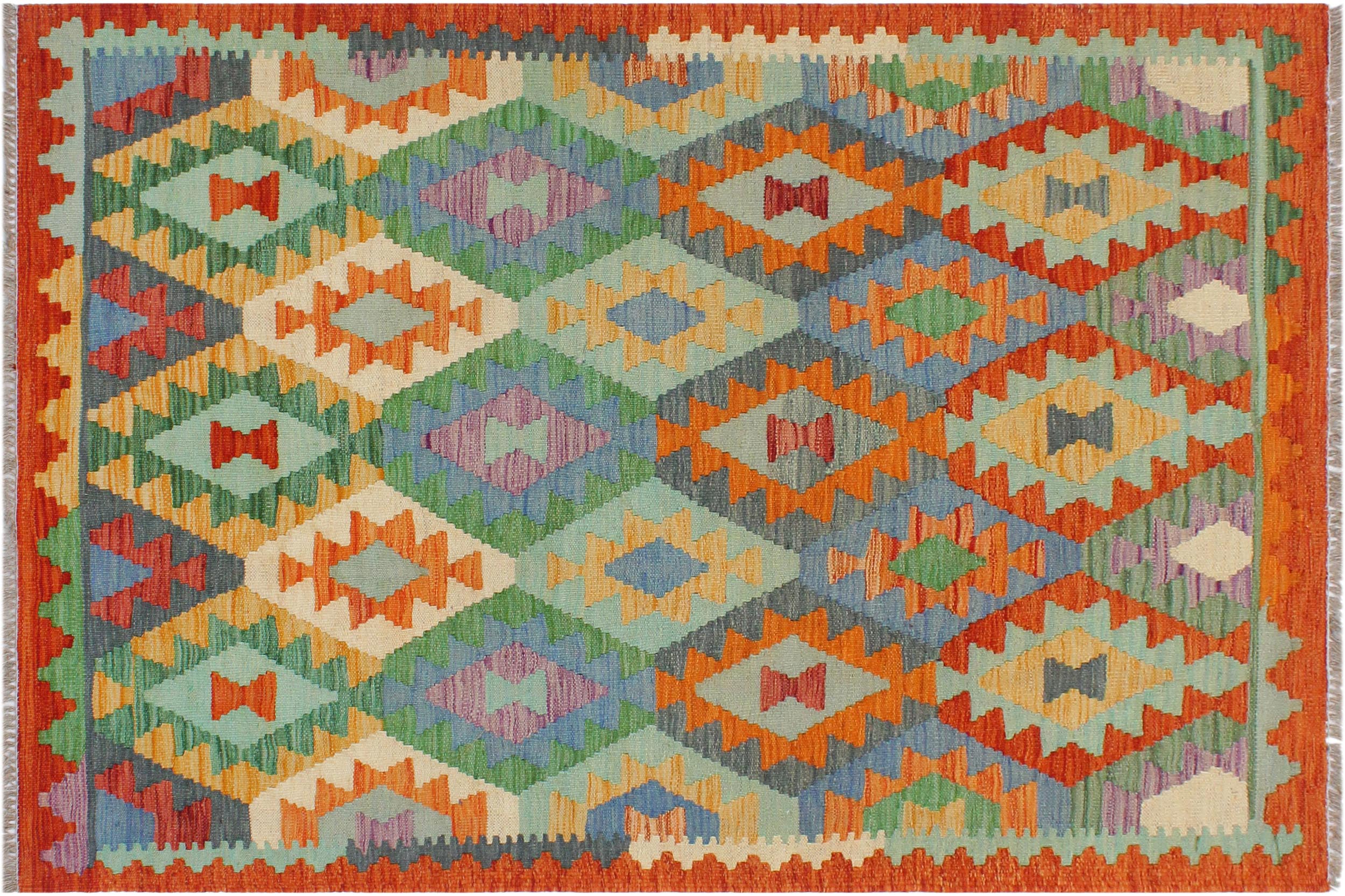 handmade Geometric Kilim Blue Rust Hand-Woven RECTANGLE 100% WOOL area rug 3 x 5