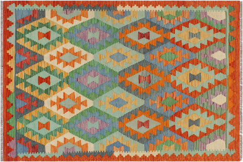 handmade Geometric Kilim Blue Rust Hand-Woven RECTANGLE 100% WOOL area rug 3 x 5