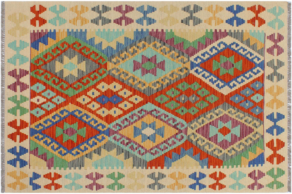 3x5 hand woven Turkish Kilim wool rug in rust and beige - Tribal Morris Turkish