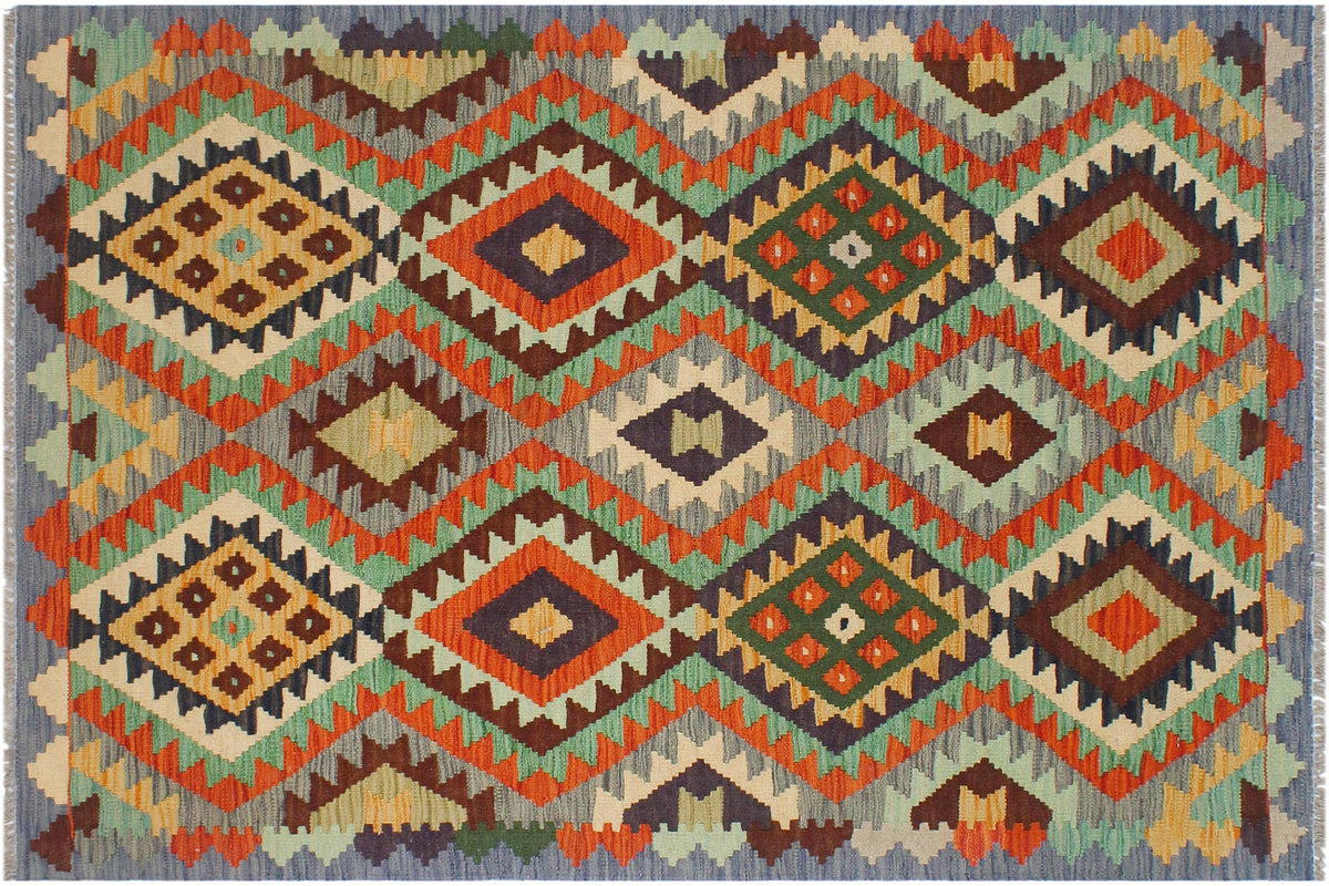 3x5 hand woven Turkish Kilim wool rug in rust and blue - Chic Long Turkish