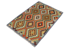 Flat Weave Kilim Antique Navaho Vintage handmade Geometric Kilim Rust Blue Hand-Woven Rectangle 100% Wool Area Rug 3x5 