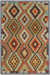 Flat Weave Kilim Antique Navaho Vintage handmade Geometric Kilim Rust Blue Hand-Woven Rectangle 100% Wool Area Rug 3x5 