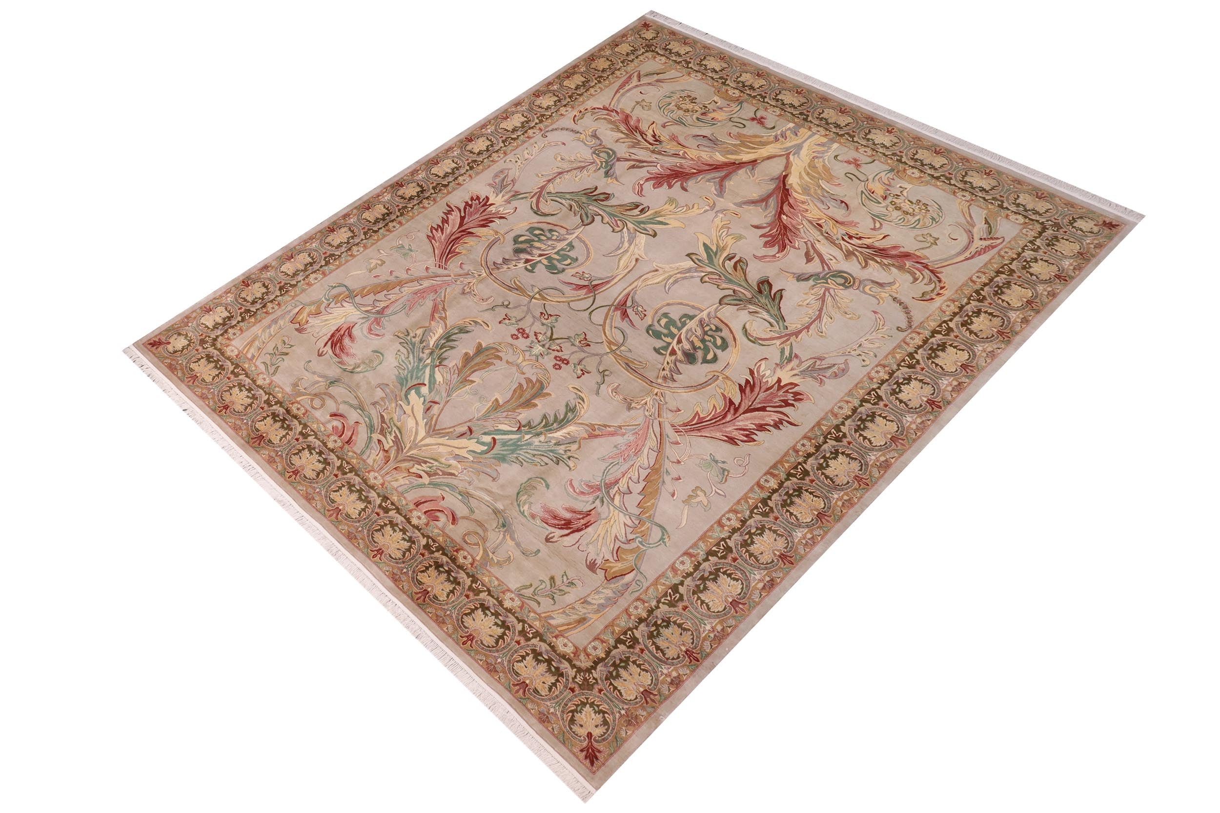 handmade Traditional Bhati Taupe Green Hand Knotted RECTANGLE 100% WOOL area rug 10x14