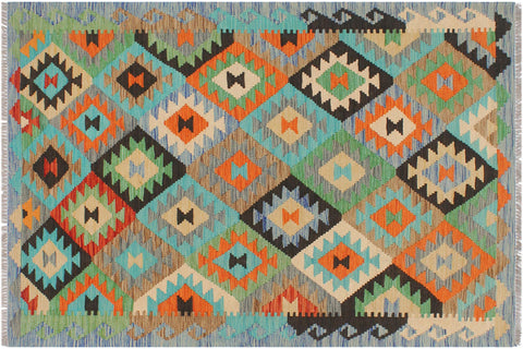 handmade Geometric Kilim Gray Blue Hand-Woven RECTANGLE 100% WOOL area rug 3 x 5