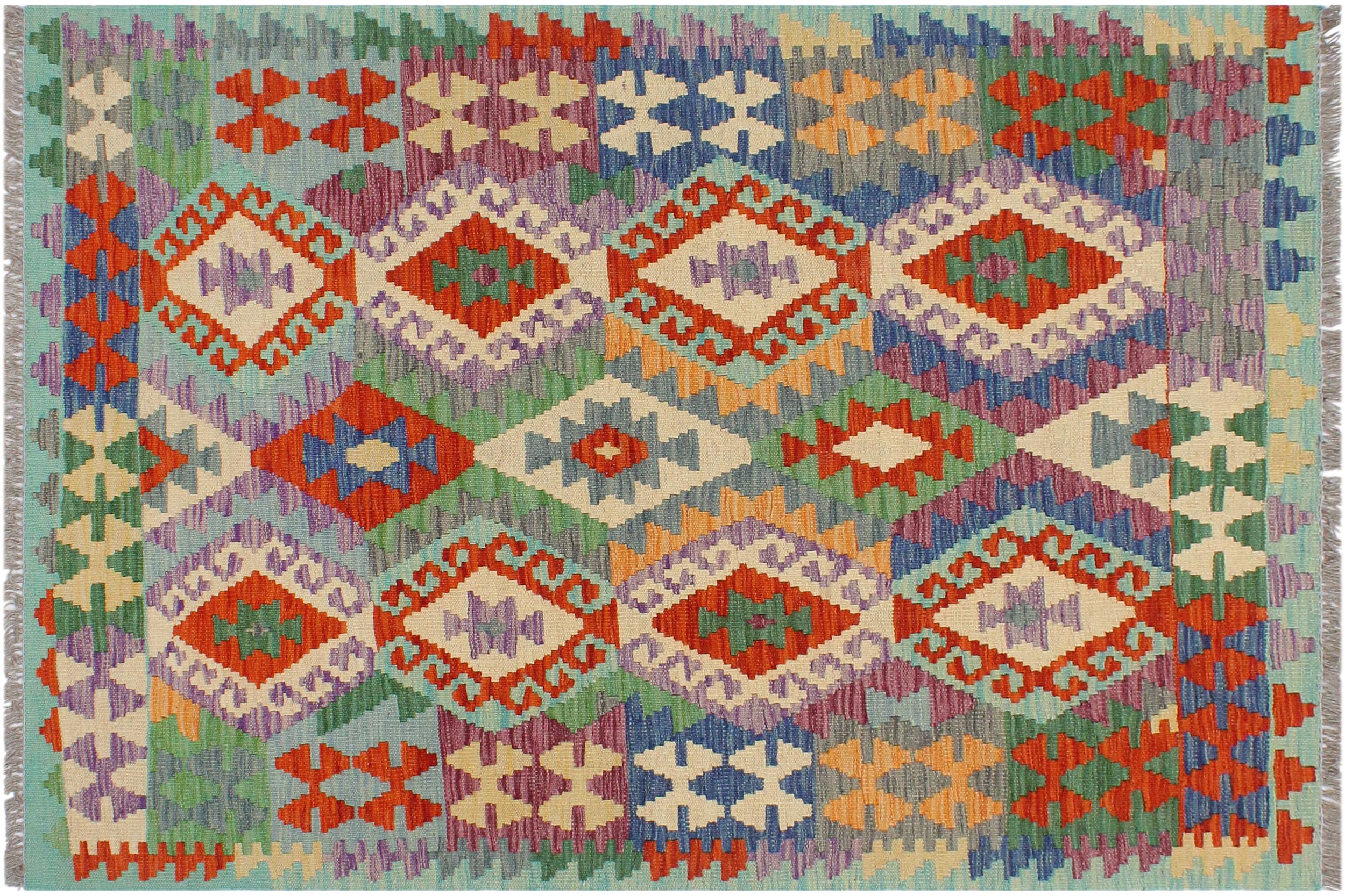 handmade Geometric Kilim Rust Blue Hand-Woven RECTANGLE 100% WOOL area rug 3 x 5
