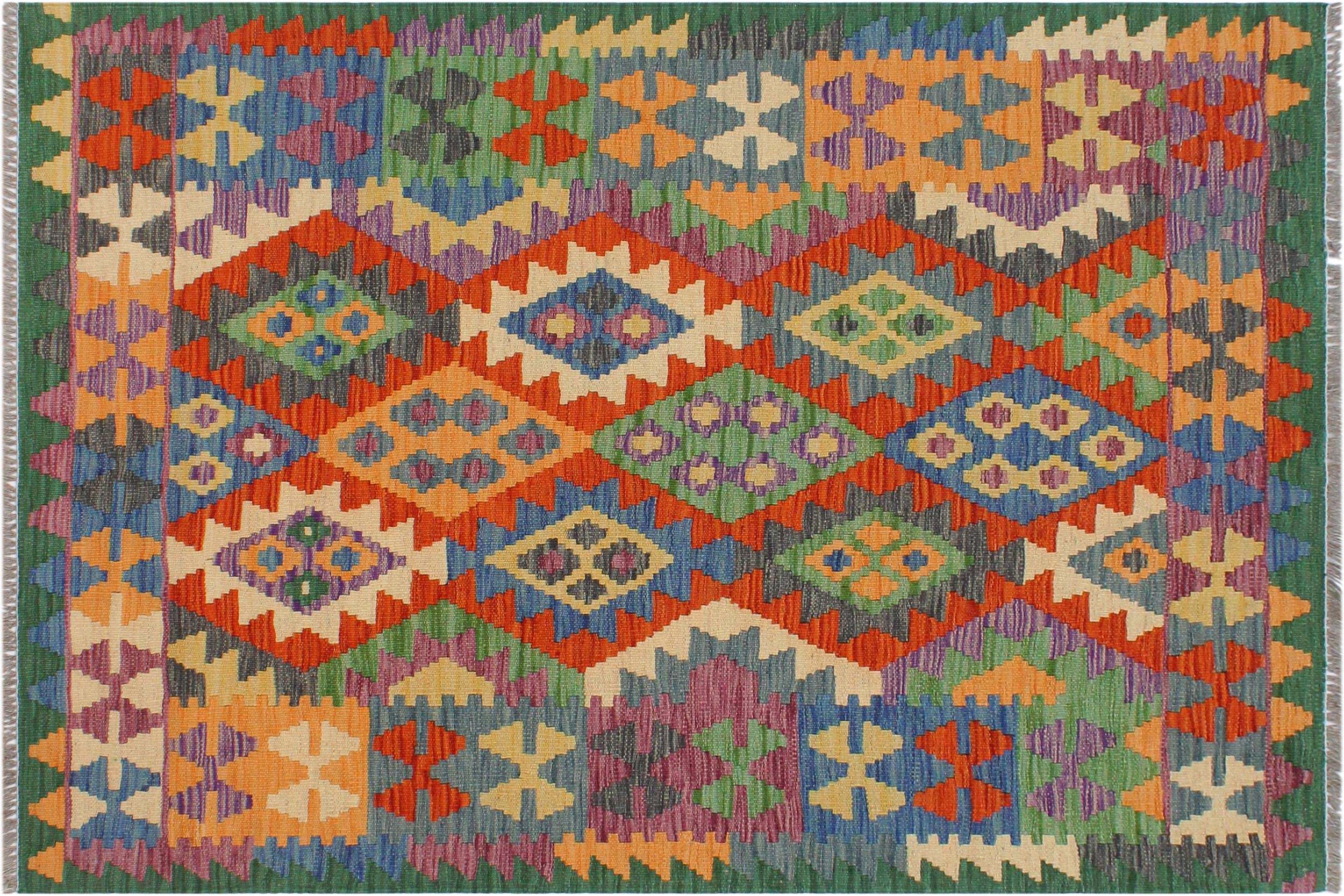 handmade Geometric Kilim Blue Green Hand-Woven RECTANGLE 100% WOOL area rug 3 x 5