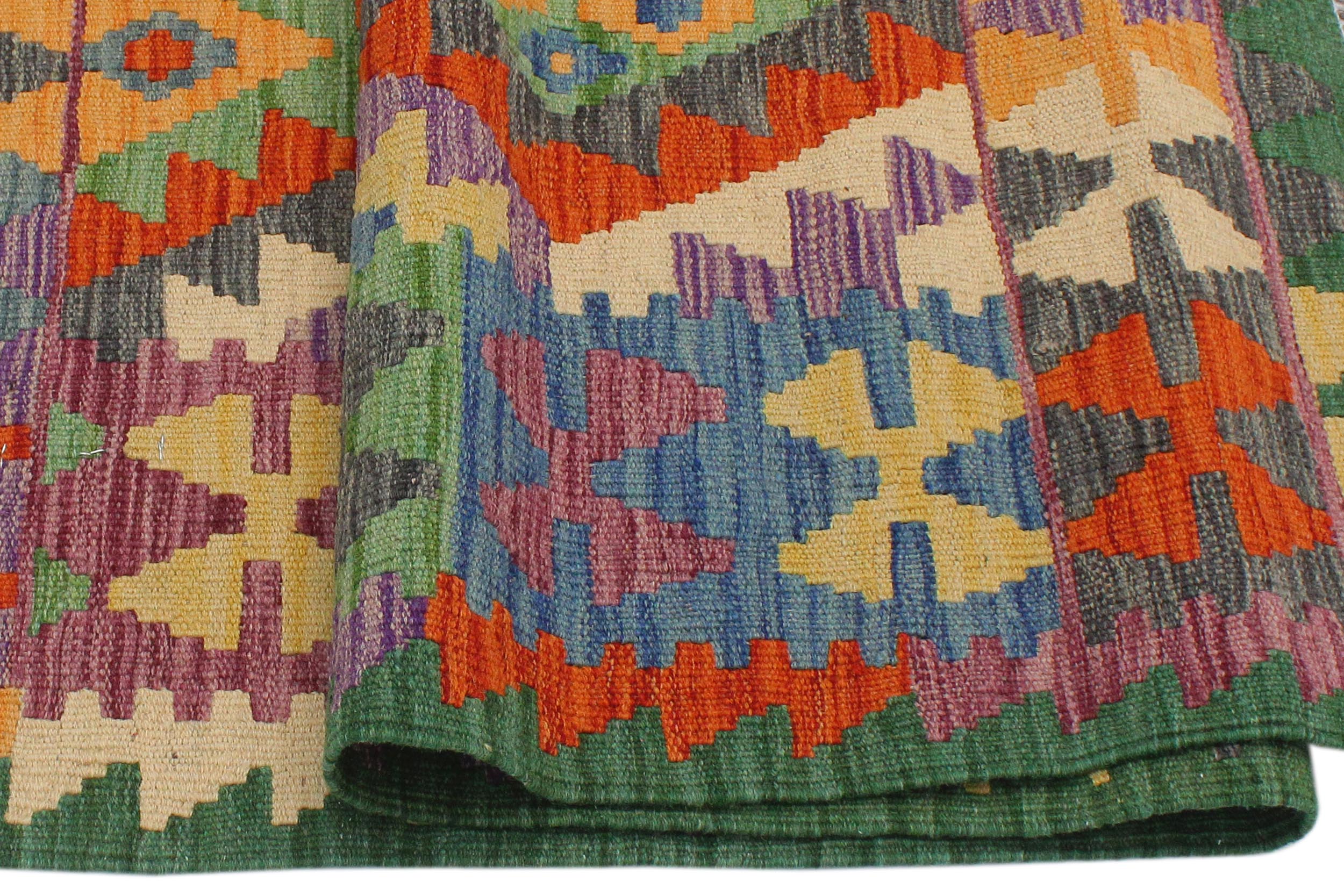 handmade Geometric Kilim Blue Green Hand-Woven RECTANGLE 100% WOOL area rug 3 x 5