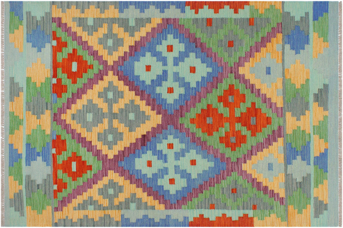 3x5 hand woven Turkish Kilim wool rug in blue and rust - Tribal Edward Turkish