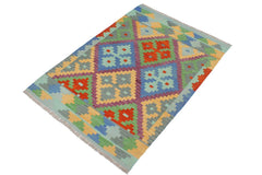 Flat Weave Kilim Antique Navaho Vintage handmade Geometric Kilim Blue Rust Hand-Woven Rectangle 100% Wool Area Rug 3x5 