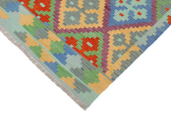 Flat Weave Kilim Antique Navaho Vintage handmade Geometric Kilim Blue Rust Hand-Woven Rectangle 100% Wool Area Rug 3x5 