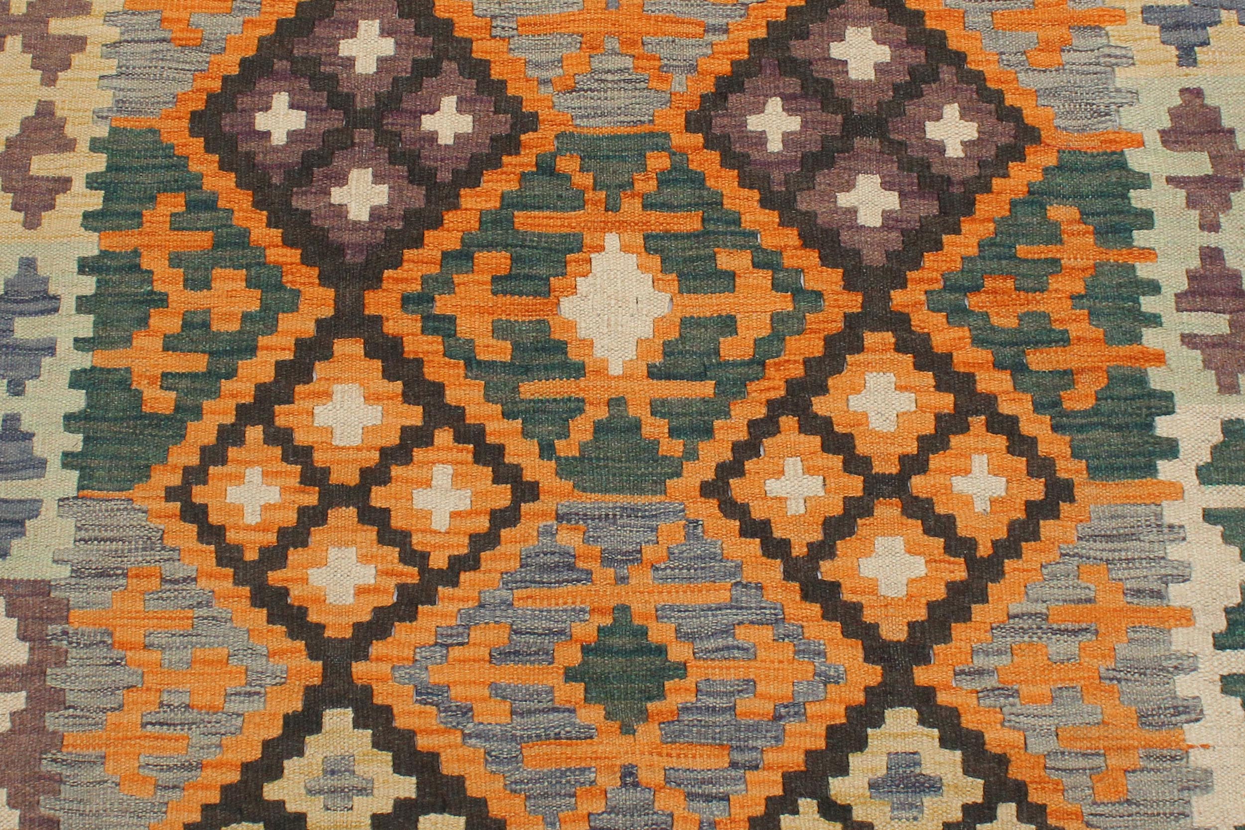 handmade Geometric Kilim Orange Green Hand-Woven RECTANGLE 100% WOOL area rug 3 x 5