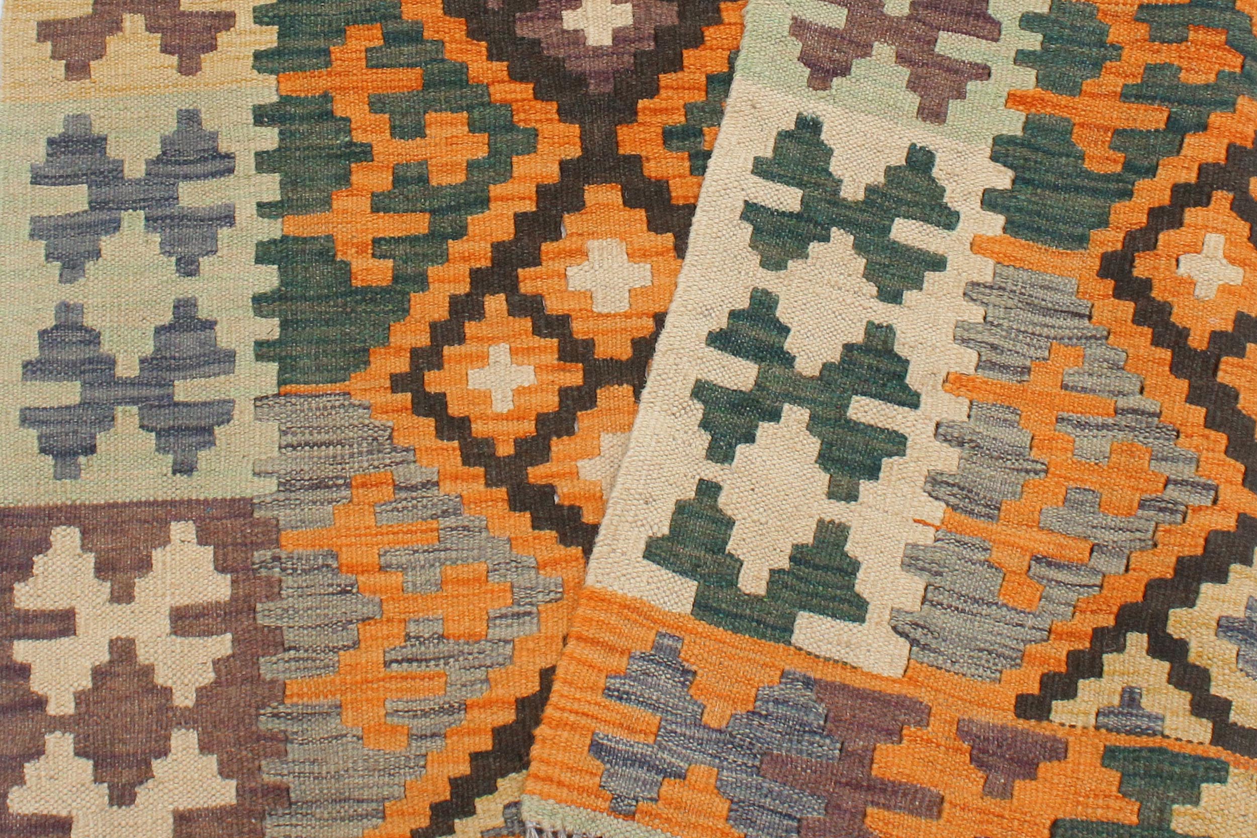 handmade Geometric Kilim Orange Green Hand-Woven RECTANGLE 100% WOOL area rug 3 x 5