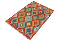 Flat Weave Kilim Antique Navaho Vintage handmade Geometric Kilim Rust Blue Hand-Woven Rectangle 100% Wool Area Rug 3x5 