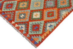 Flat Weave Kilim Antique Navaho Vintage handmade Geometric Kilim Rust Blue Hand-Woven Rectangle 100% Wool Area Rug 3x5 