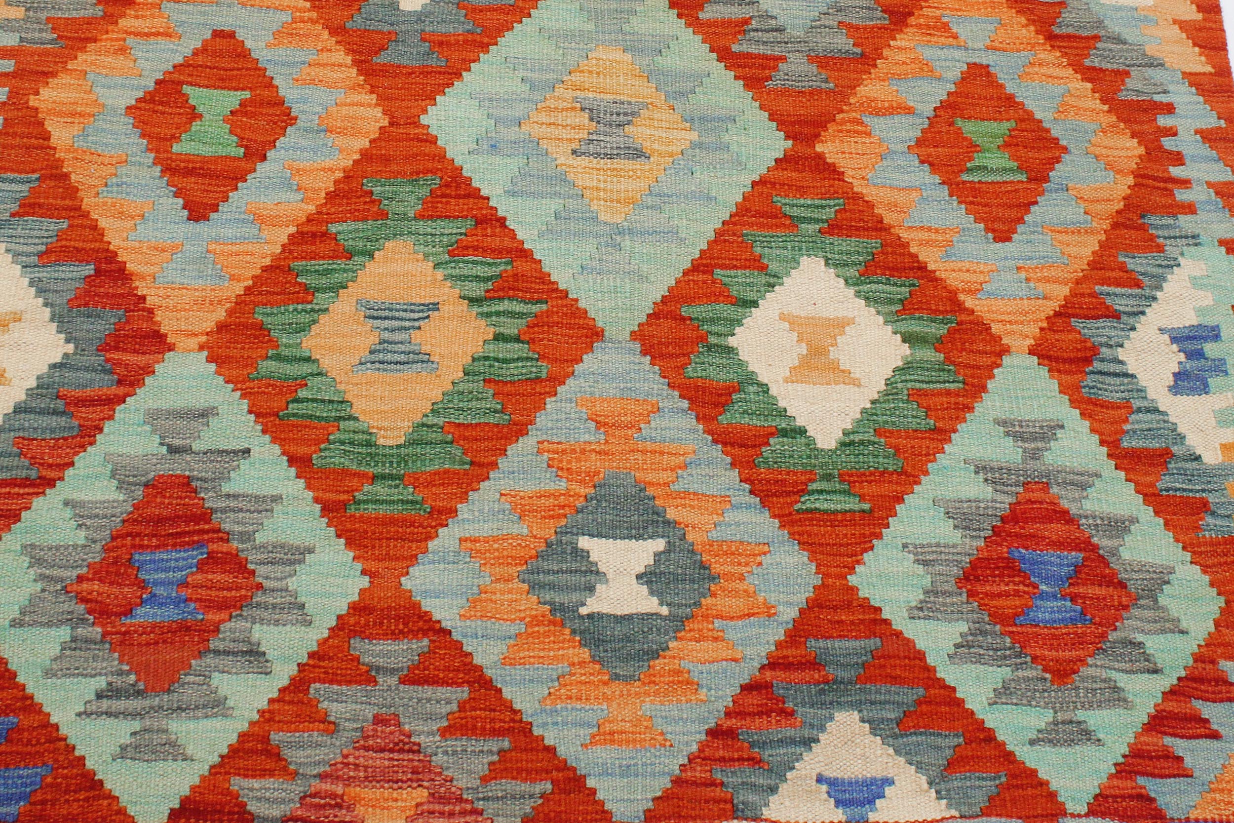 handmade Geometric Kilim Rust Blue Hand-Woven RECTANGLE 100% WOOL area rug 3 x 5