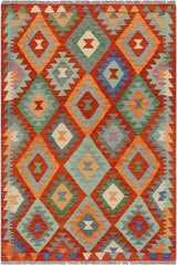 Flat Weave Kilim Antique Navaho Vintage handmade Geometric Kilim Rust Blue Hand-Woven Rectangle 100% Wool Area Rug 3x5 