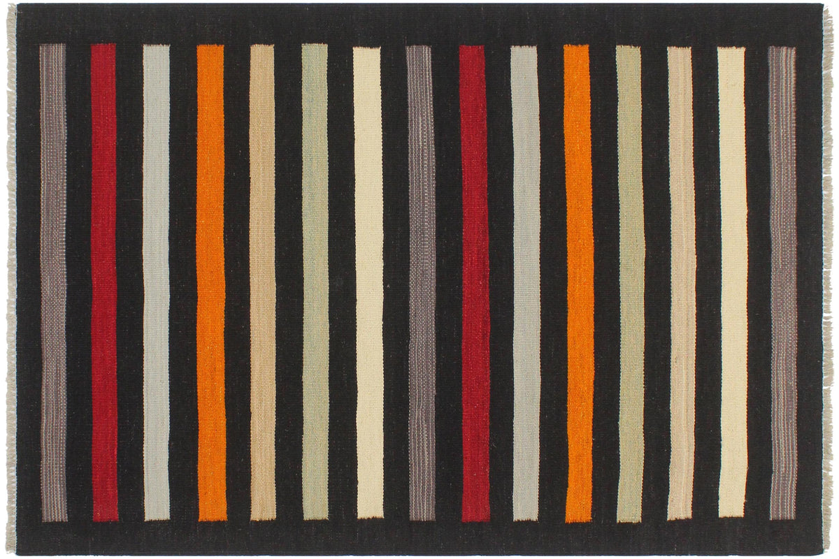 3x5 hand woven Turkish Modern Kilim wool rug in black and red - Turkish Chevron Lucas