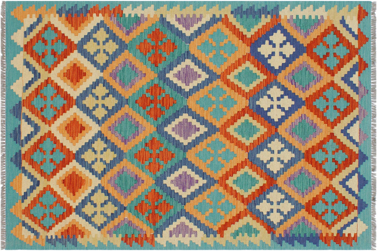 3x5 hand woven Turkish Kilim wool rug in rust and blue - Rustic Sheree Turkish