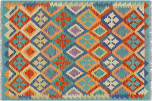 3x5 hand woven Turkish Kilim wool rug in rust and blue - Rustic Sheree Turkish