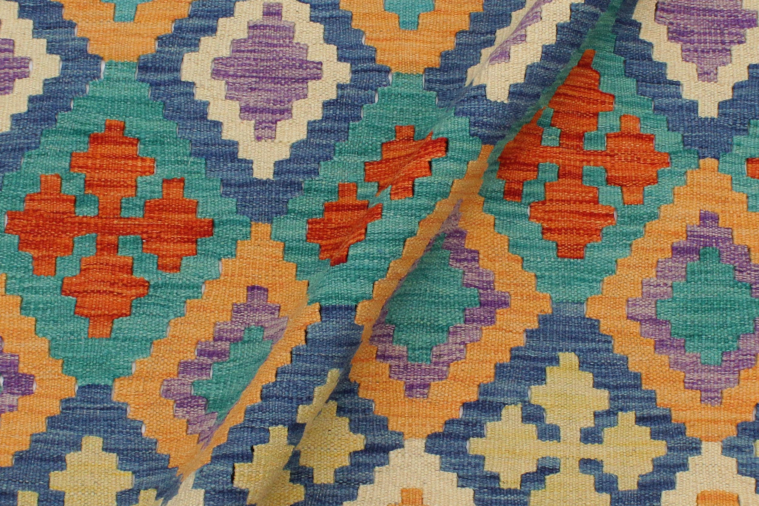 handmade Geometric Kilim Rust Blue Hand-Woven RECTANGLE 100% WOOL area rug 3 x 5