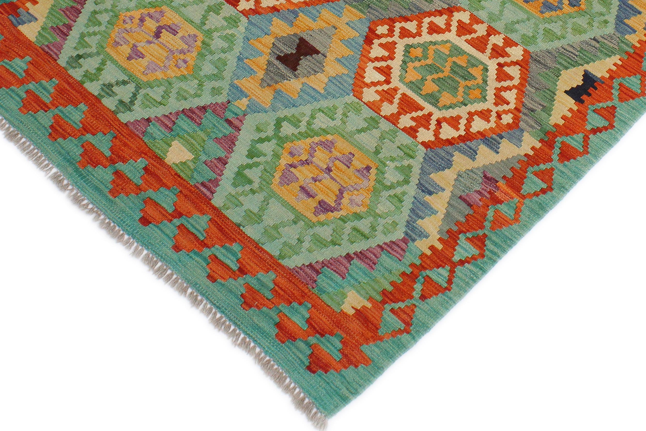 handmade Geometric Kilim Rust Green Hand-Woven RECTANGLE 100% WOOL area rug 3 x 5
