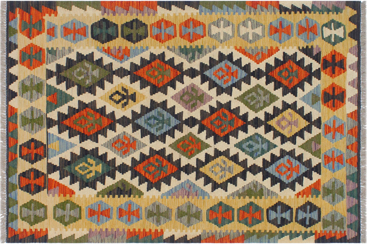 3x5 hand woven Turkish Kilim wool rug in blue and gold - Tribal Jesus Turkish