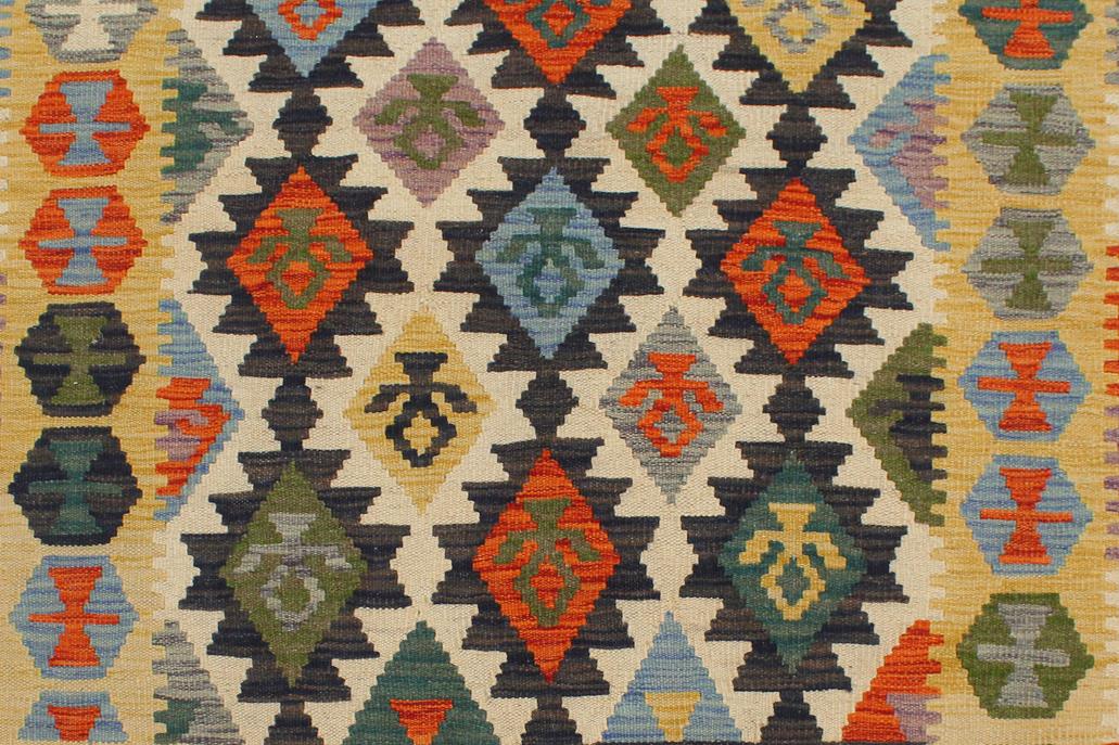 Flat Weave Kilim Antique Navaho Vintage handmade Geometric Kilim Blue Gold Hand-Woven Rectangle 100% Wool Area Rug 3x5 