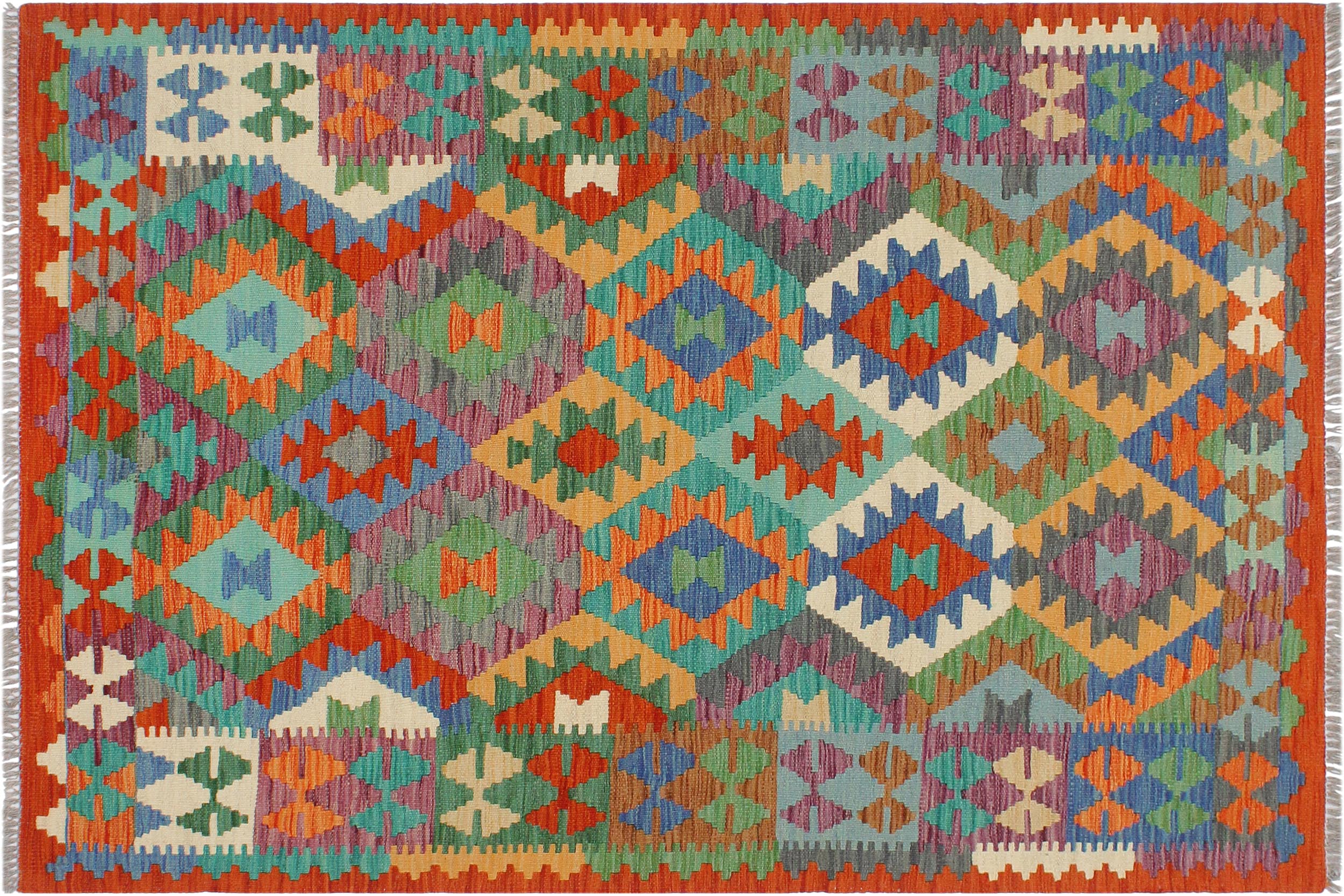 handmade Geometric Kilim Blue Rust Hand-Woven RECTANGLE 100% WOOL area rug 3 x 5