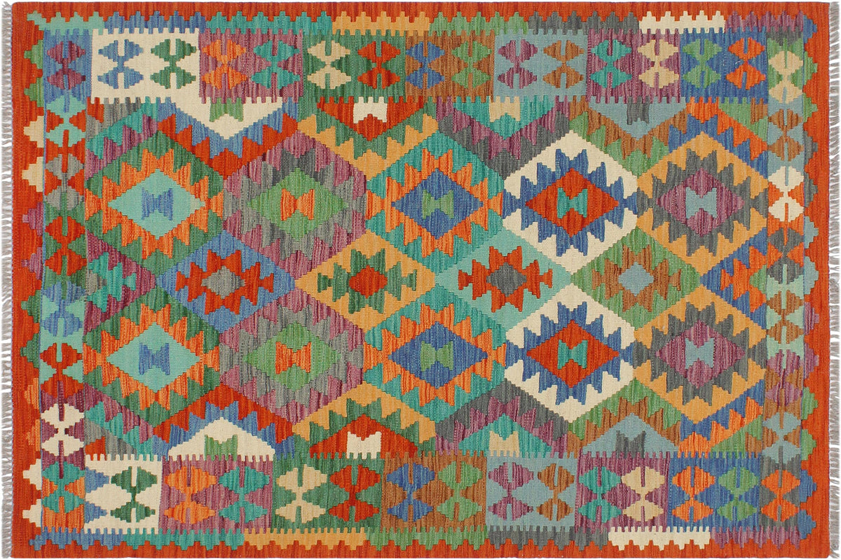 3x5 hand woven Turkish Kilim wool rug in blue and rust - Ethnic Nella Turkish