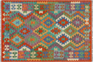 3x5 hand woven Turkish Kilim wool rug in blue and rust - Ethnic Nella Turkish
