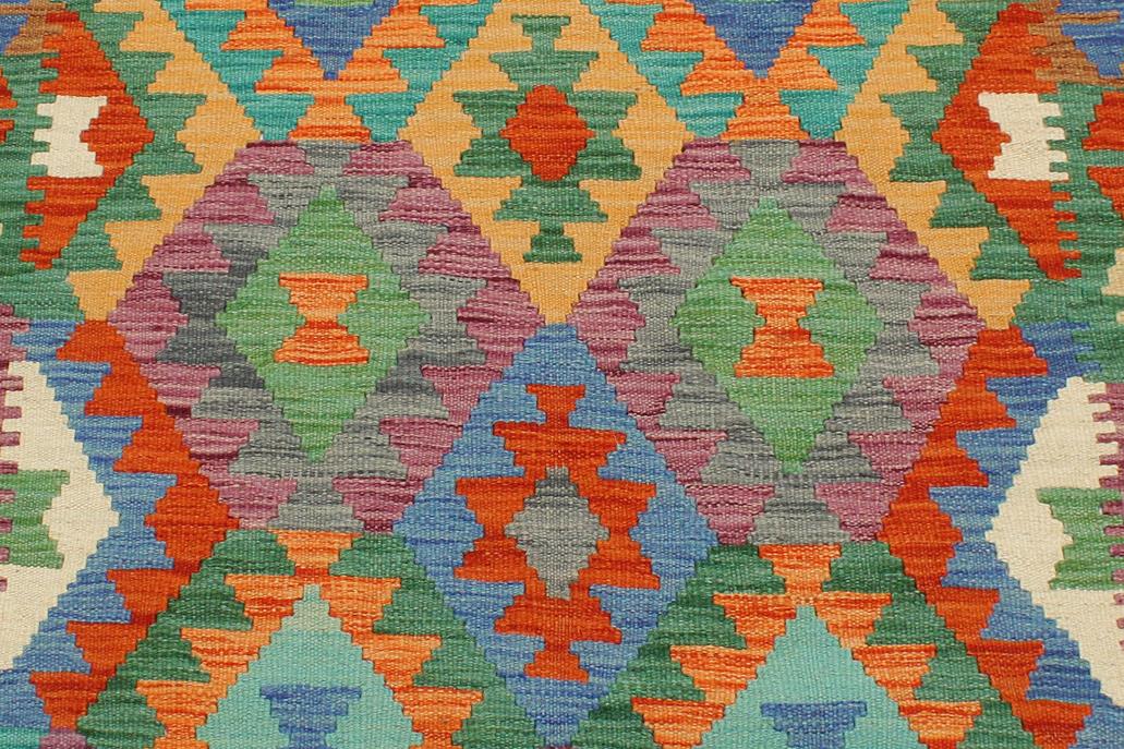 Flat Weave Kilim Antique Navaho Vintage handmade Geometric Kilim Blue Rust Hand-Woven Rectangle 100% Wool Area Rug 3x5 