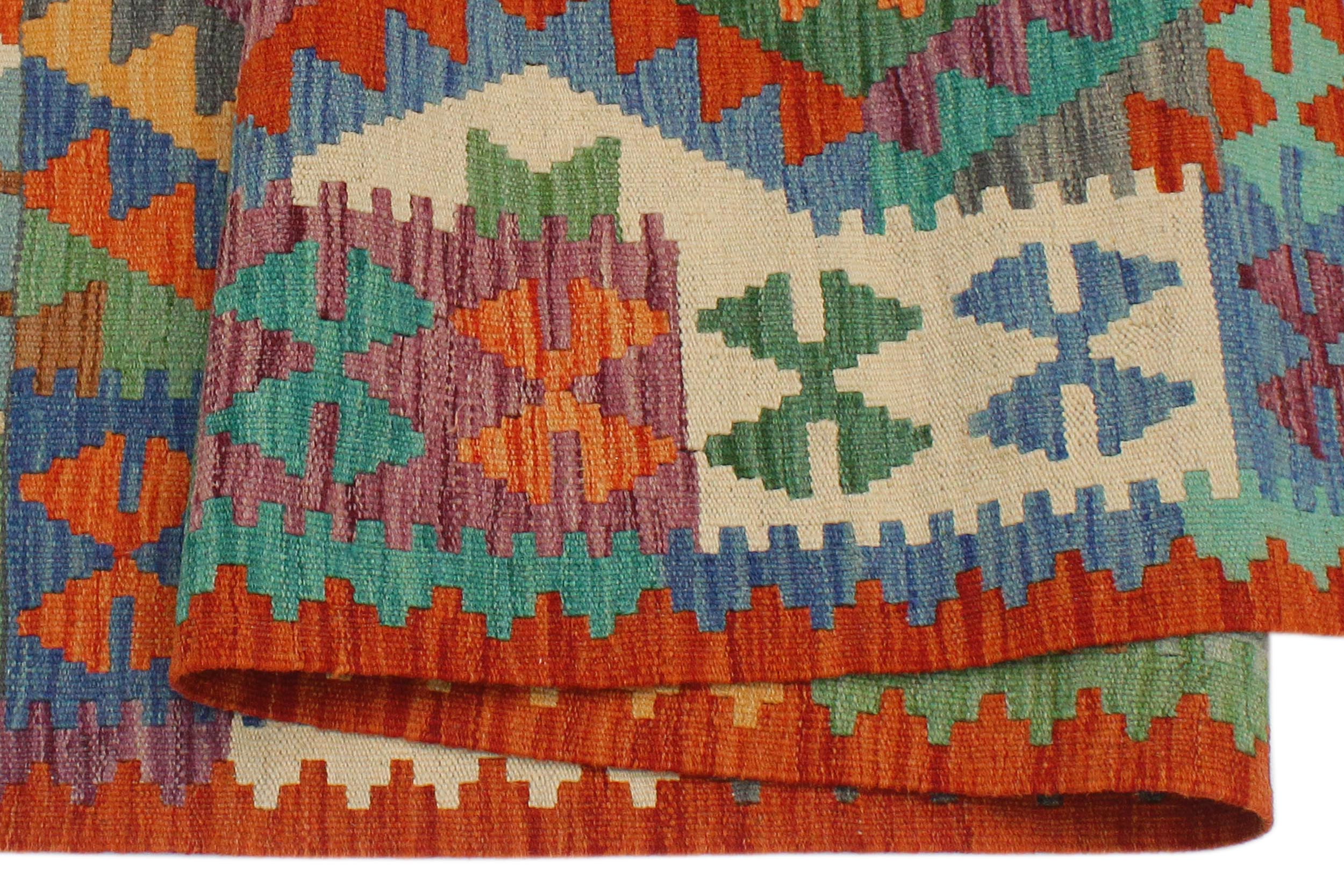 handmade Geometric Kilim Blue Rust Hand-Woven RECTANGLE 100% WOOL area rug 3 x 5
