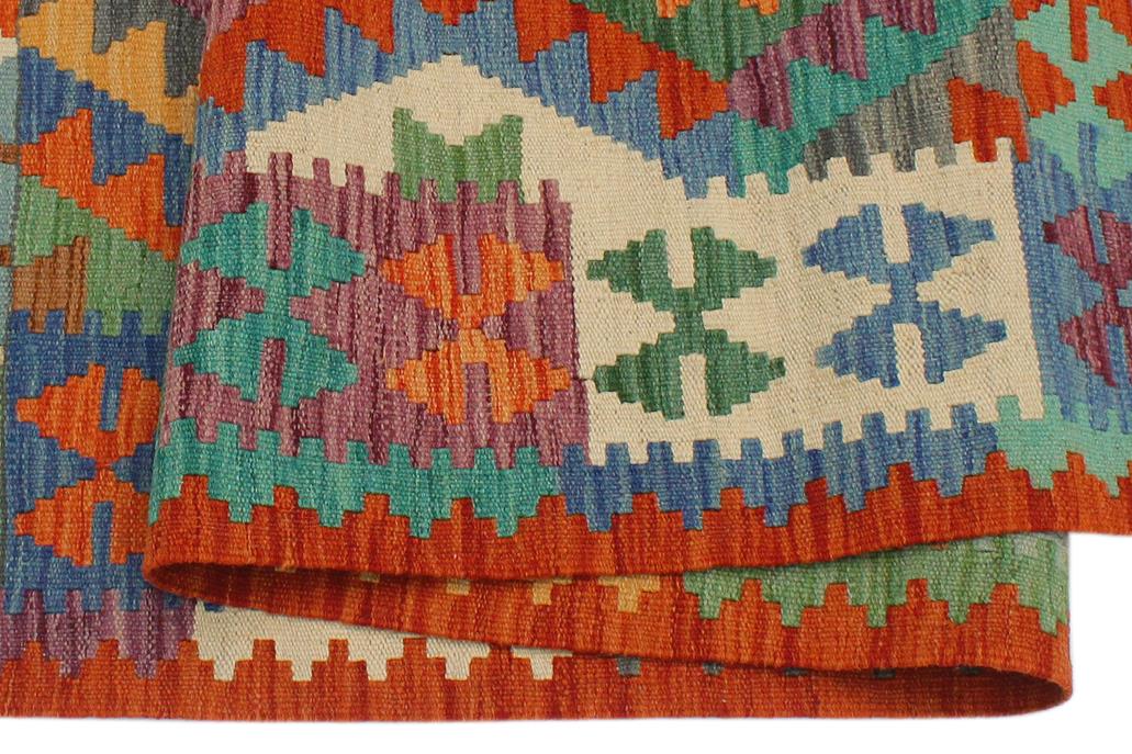 Flat Weave Kilim Antique Navaho Vintage handmade Geometric Kilim Blue Rust Hand-Woven Rectangle 100% Wool Area Rug 3x5 