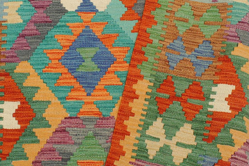 Flat Weave Kilim Antique Navaho Vintage handmade Geometric Kilim Blue Rust Hand-Woven Rectangle 100% Wool Area Rug 3x5 