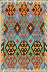 Flat Weave Kilim Antique Navaho Vintage handmade Geometric Kilim Blue Beige Hand-Woven Rectangle 100% Wool Area Rug 3x5 